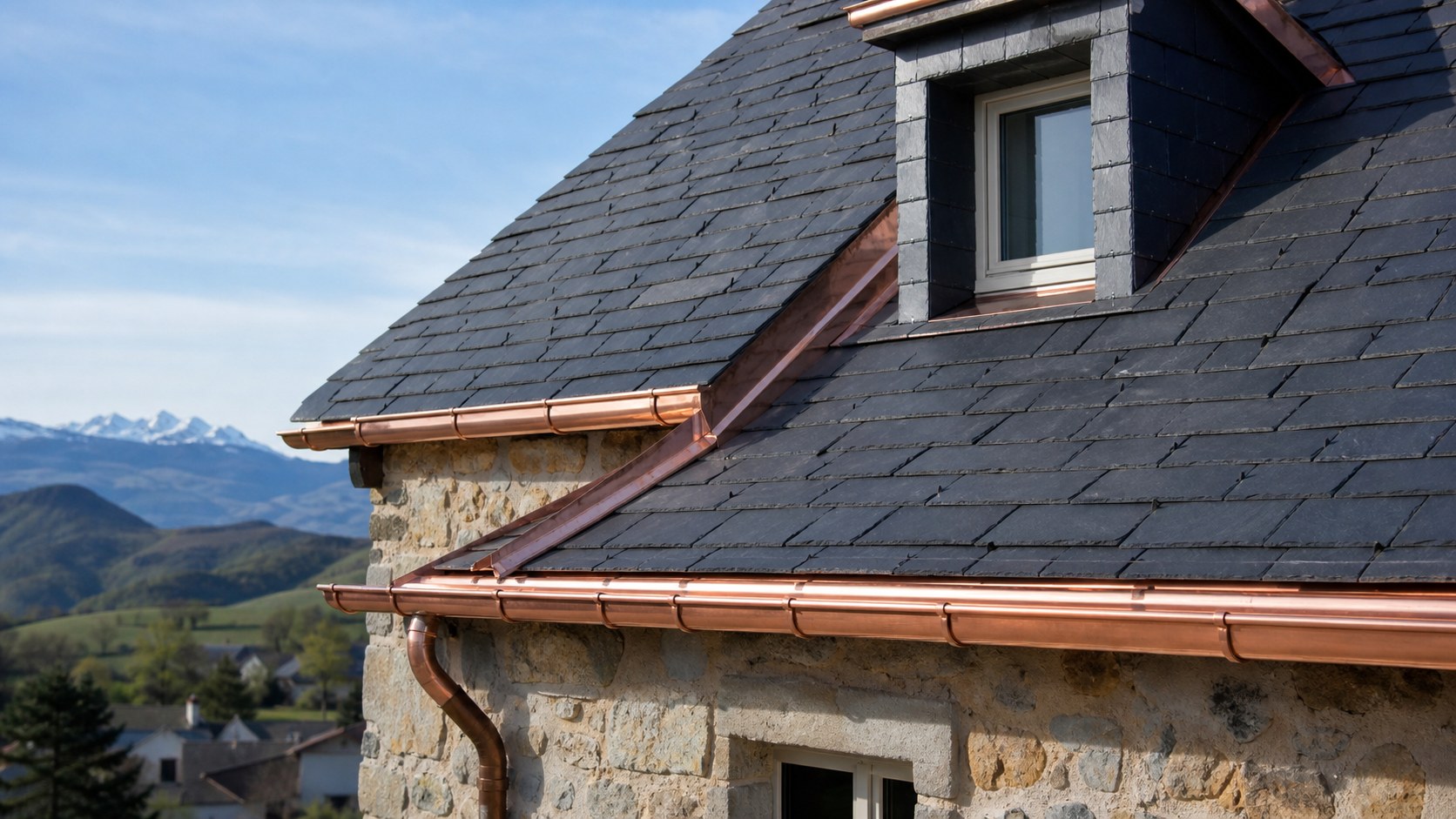 Gouttières et finitions de zinguerie sur une toiture en ardoise