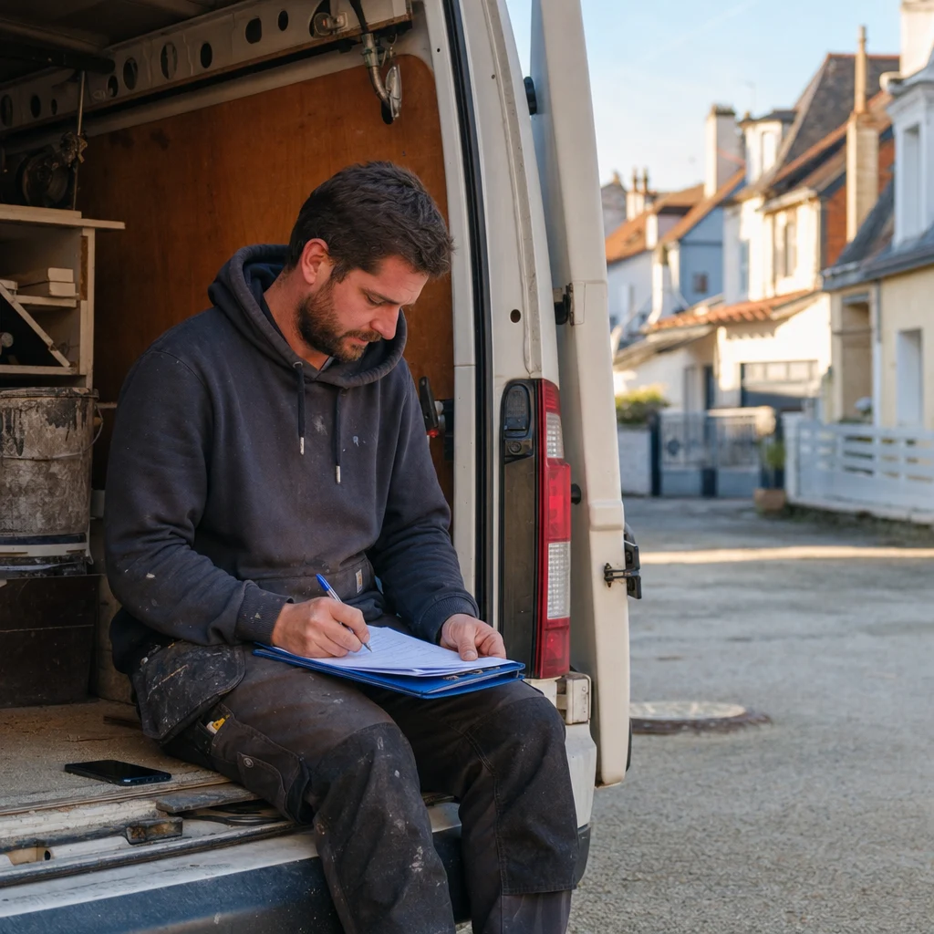 Artisan couvreur remplissant un devis sur le pas de sa camionnette