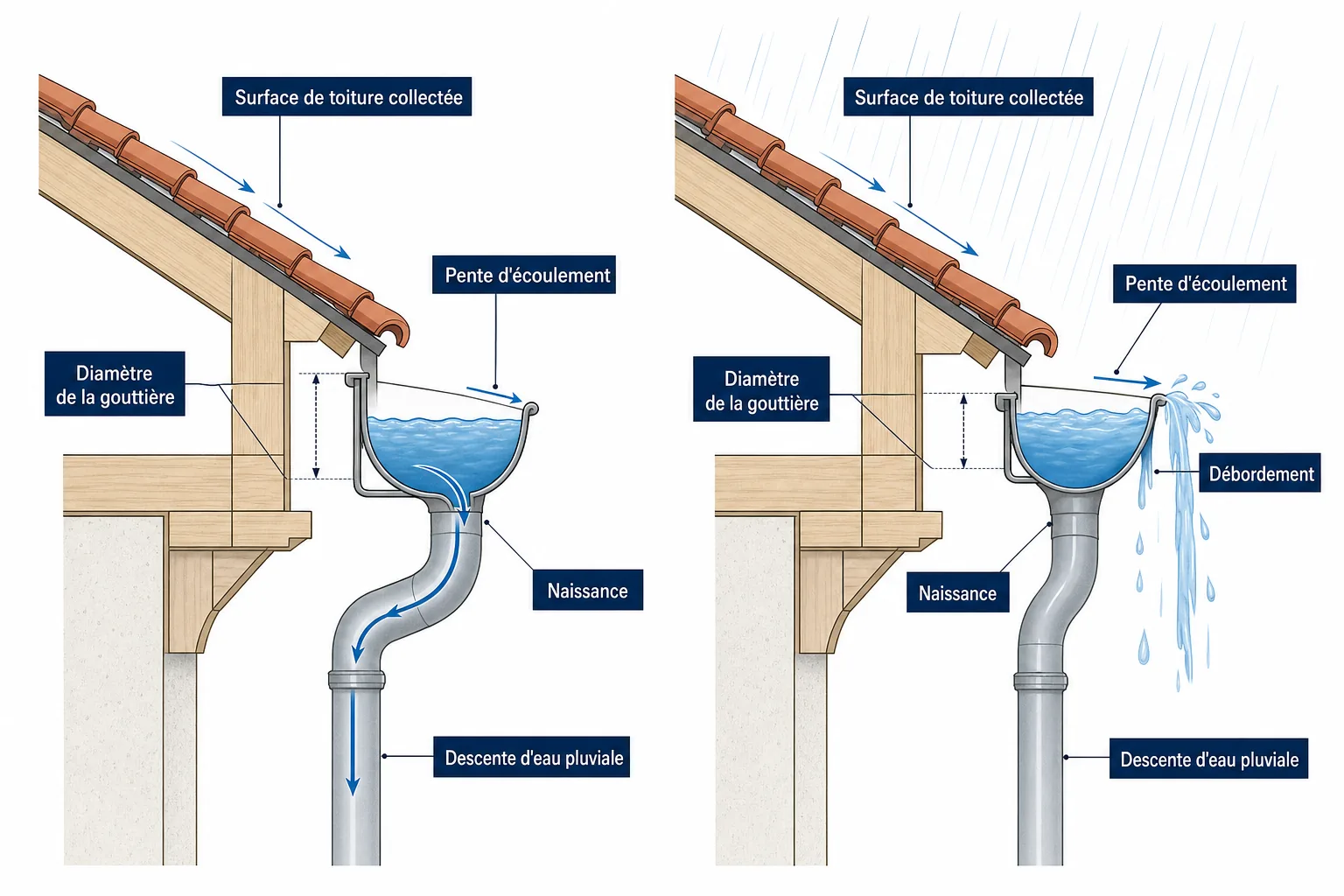 Coupe comparant une gouttière bien dimensionnée qui évacue l'eau et une gouttière trop petite qui déborde pendant l'orage