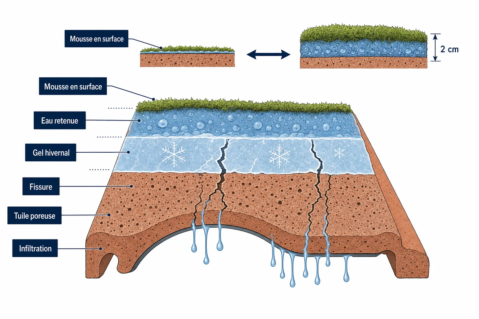 Coupe illustrant comment l'eau retenue par la mousse gèle l'hiver et finit par fissurer la tuile en dessous