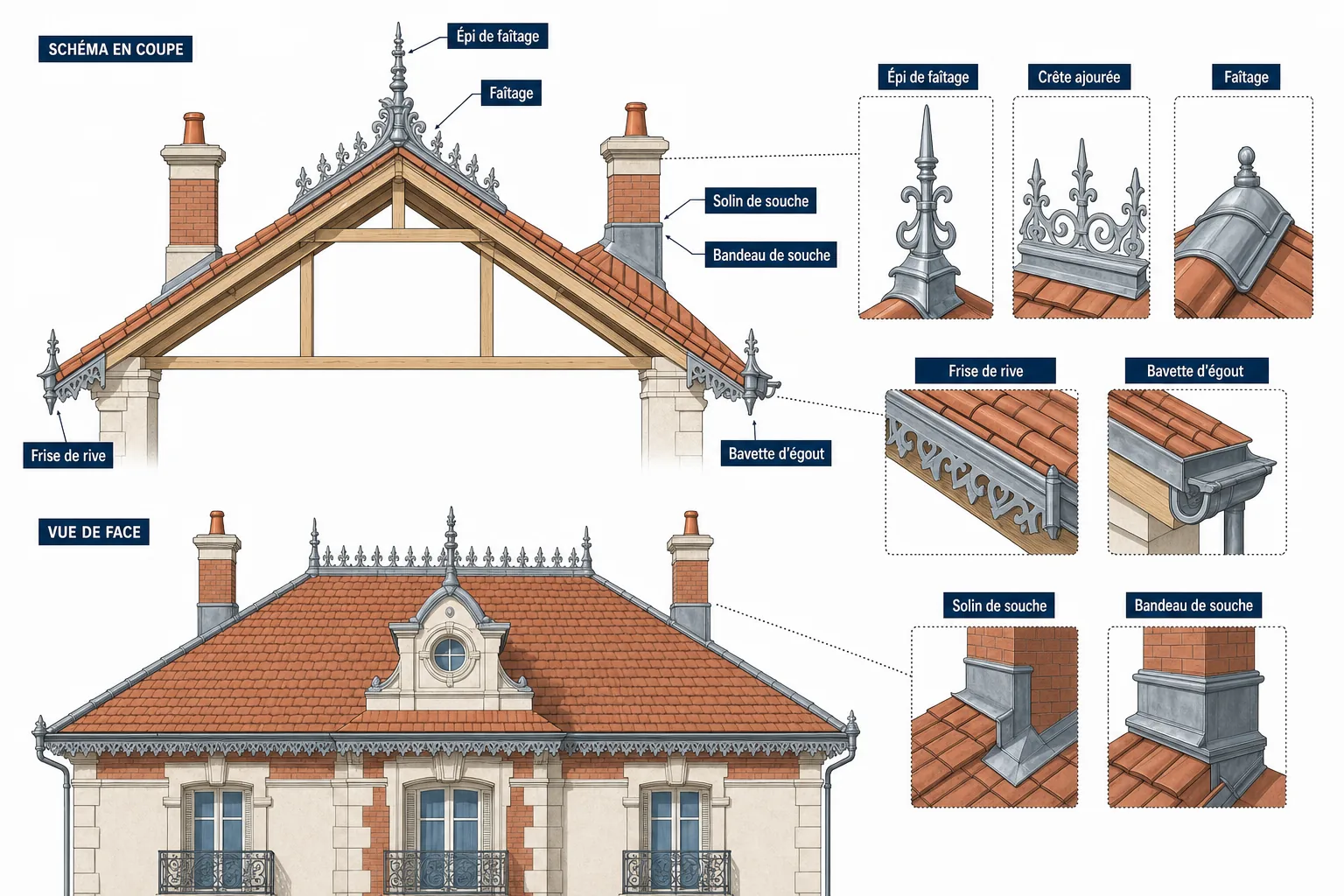 Schéma d'une toiture de villa montrant l'emplacement des zingueries d'ornement sur le faîtage et les rives