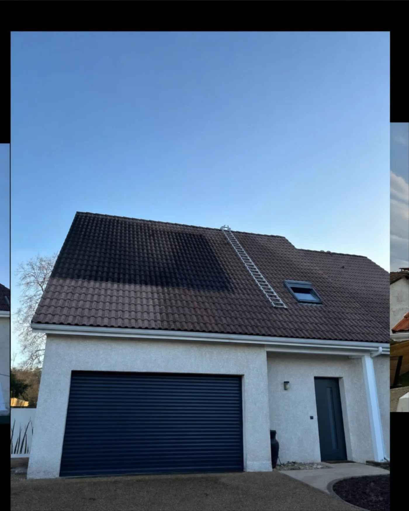Toiture en cours de nettoyage, la différence visible entre les zones