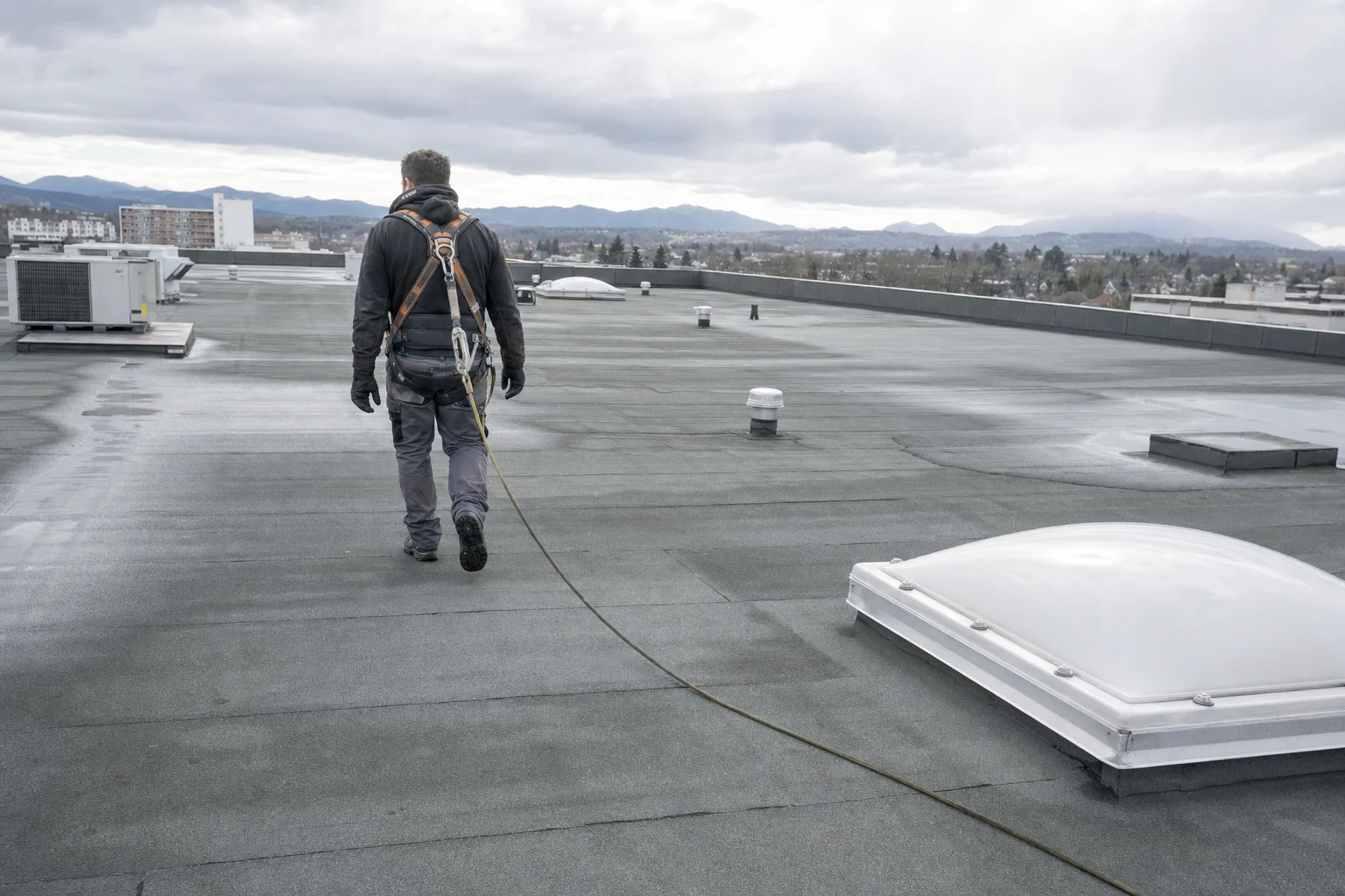 Couvreur en harnais inspectant une toiture plate de grande surface, immeuble et Pyrénées à l'horizon