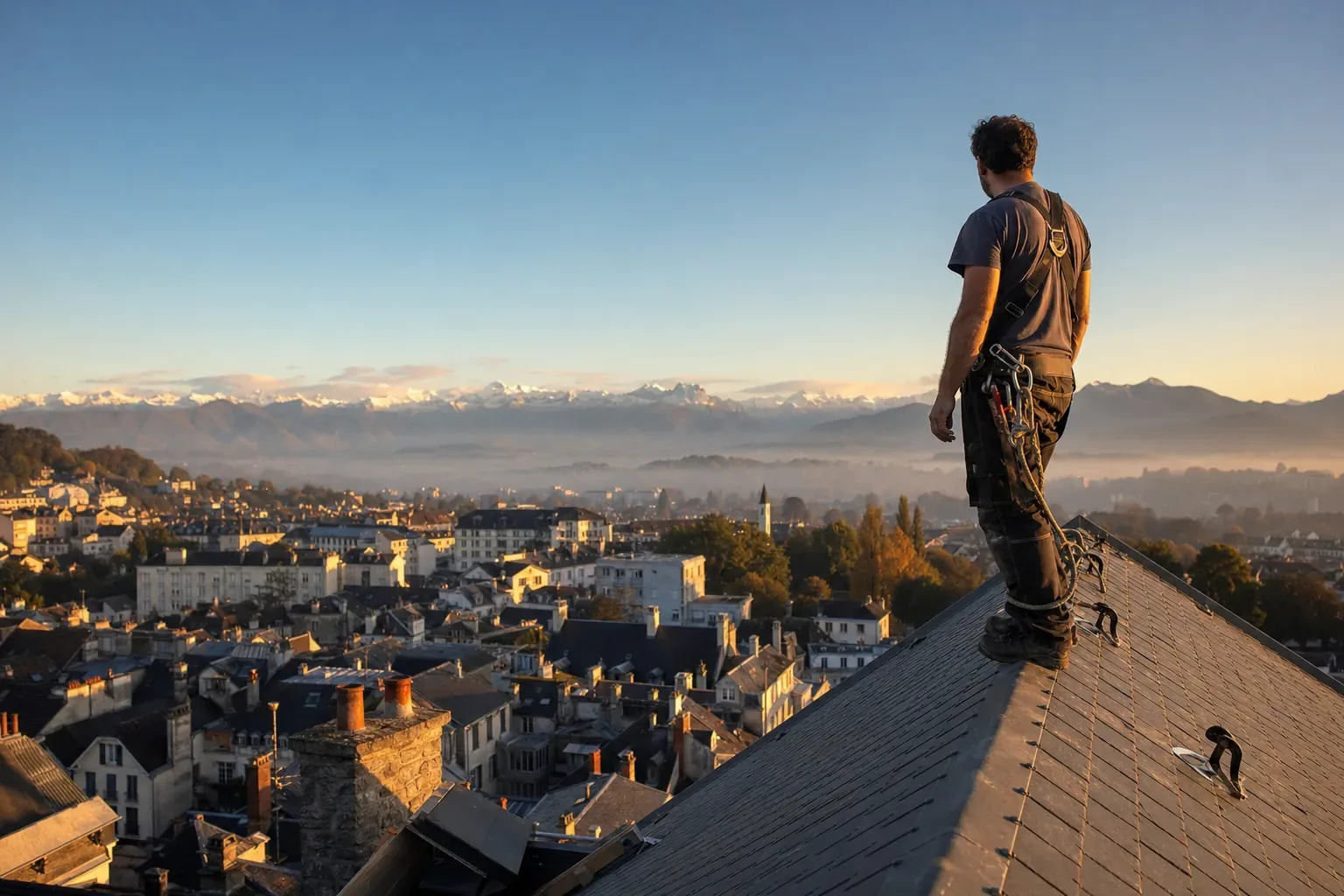 Couvreur debout sur un faîtage d'ardoise au-dessus des toits de Pau, face à la chaîne des Pyrénées