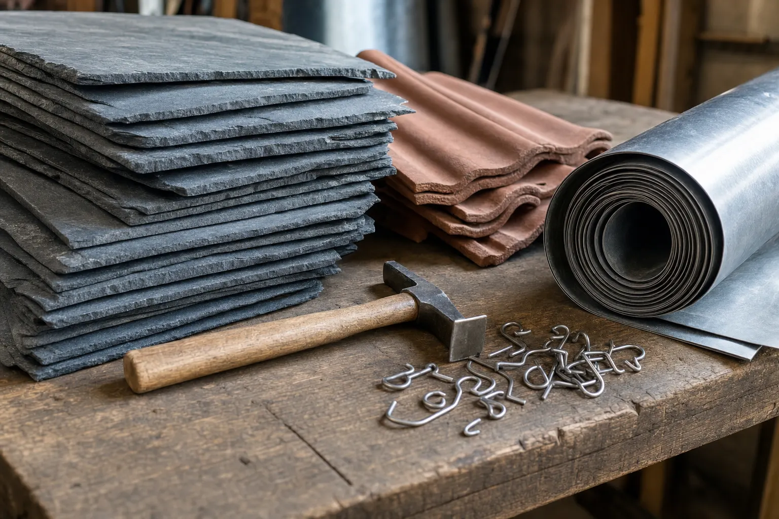 Établi de couvreur-zingueur : ardoises, tuiles, zinc et crochets inox