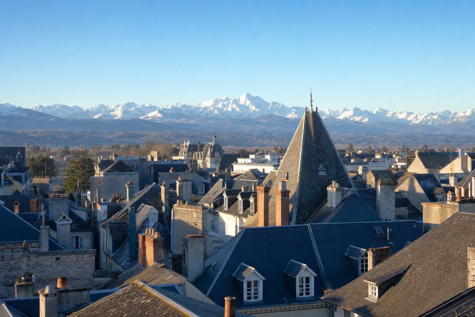 Toits d'ardoise de Pau avec la chaîne des Pyrénées à l'horizon