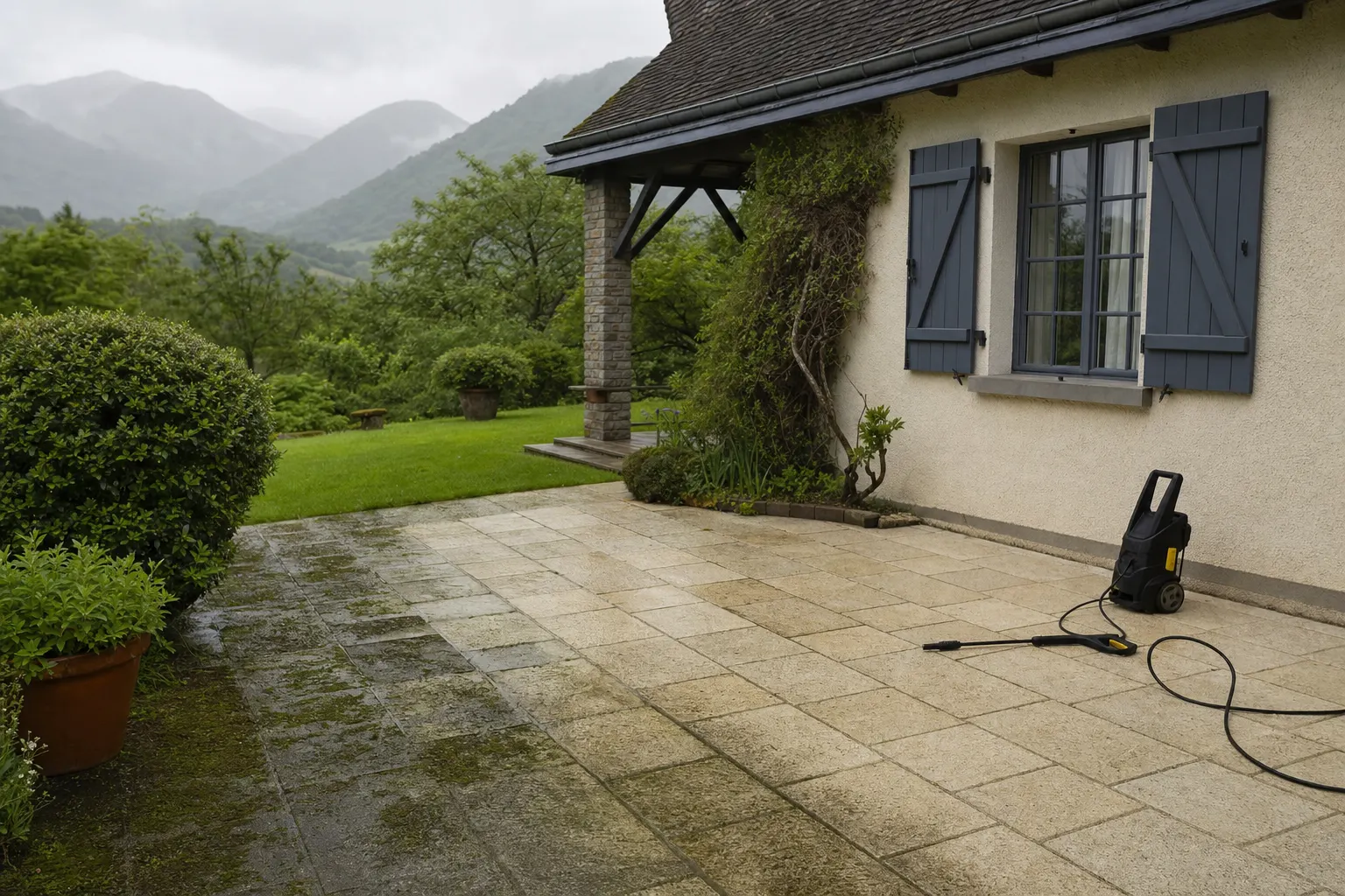Terrasse en dalles de pierre à moitié nettoyée devant une maison du Béarn