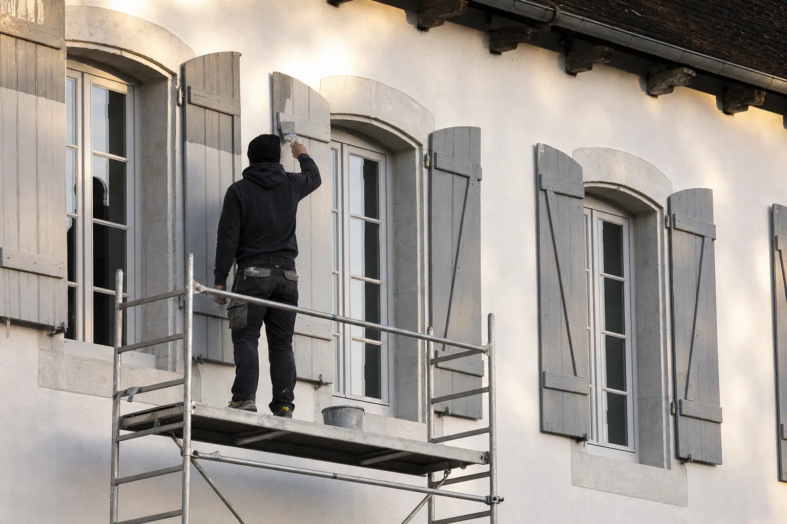Artisan repeignant des volets battants en bois sur une façade béarnaise